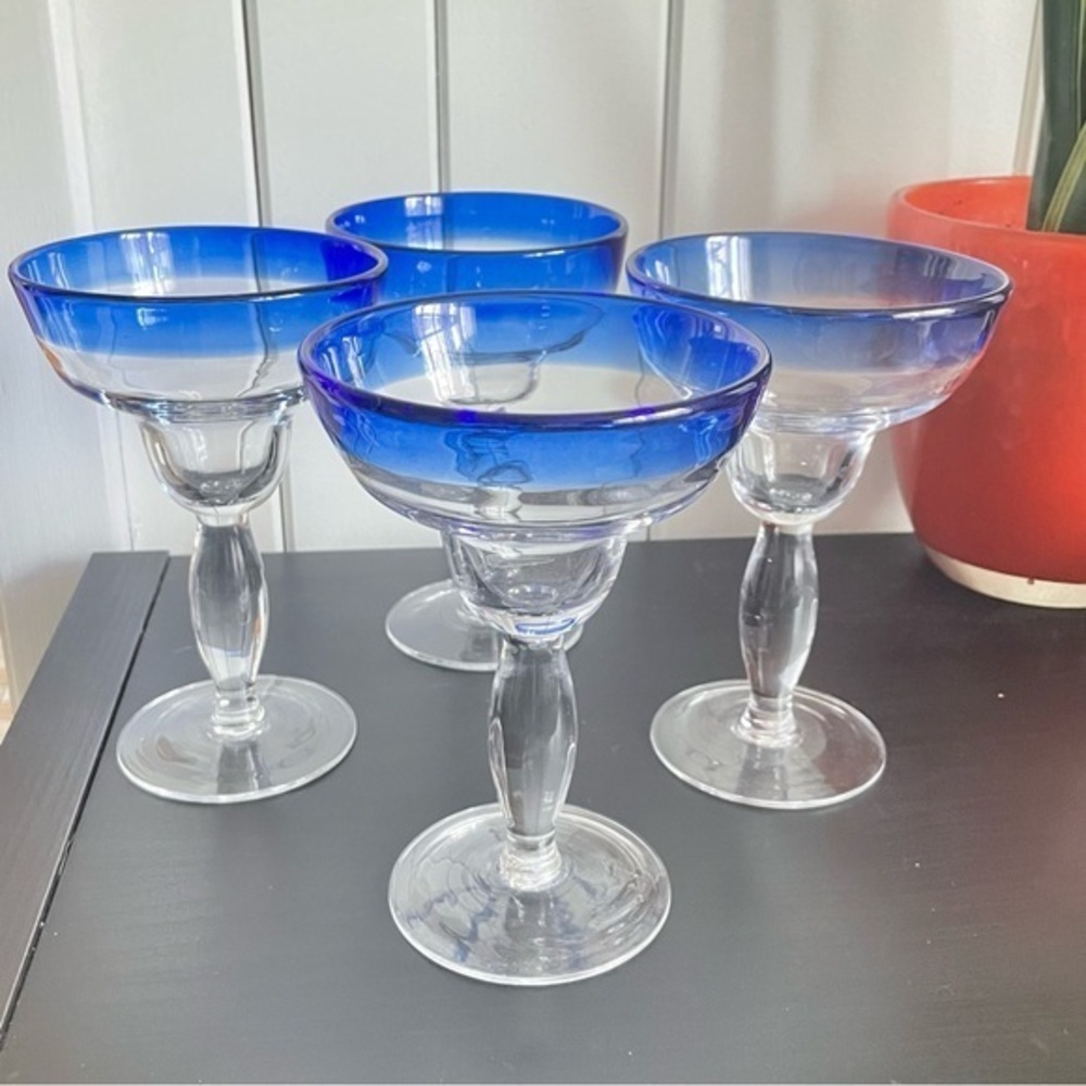 $20 SALE Margarita Glasses Cobalt Blue Rim 4 Piece Set Holiday Party Drink